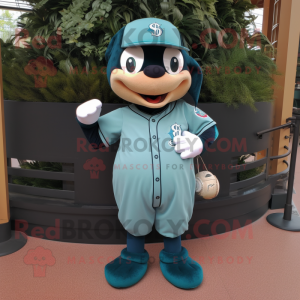 Teal Baseball Ball mascot costume character dressed with a Dungarees and Shoe clips