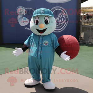 Teal Baseball Ball mascot costume character dressed with a Dungarees and Shoe clips