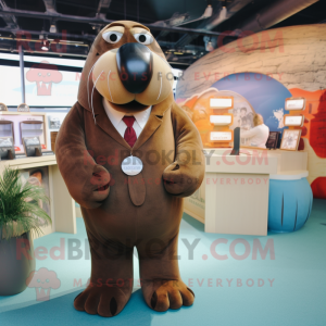 Brown Walrus mascot costume character dressed with a Suit and Necklaces