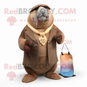 Brown Walrus mascot costume character dressed with a Suit and Necklaces