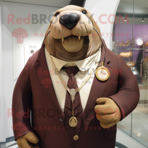 Brown Walrus mascot costume character dressed with a Suit and Necklaces