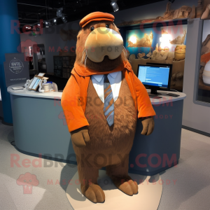 Brown Walrus mascot costume character dressed with a Suit and Necklaces