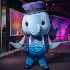 Blue Narwhal mascot costume character dressed with a Waistcoat and Suspenders