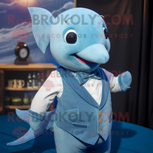 Blue Narwhal mascot costume character dressed with a Waistcoat and Suspenders