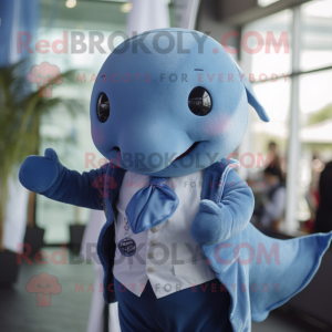 Blue Narwhal mascot costume character dressed with a Waistcoat and Suspenders