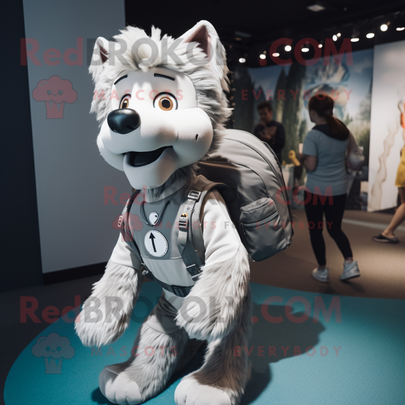 Silver Dog mascot costume character dressed with a Graphic Tee and Backpacks