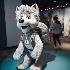 Silver Dog mascot costume character dressed with a Graphic Tee and Backpacks