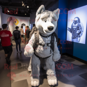 Silver Dog mascot costume character dressed with a Graphic Tee and Backpacks