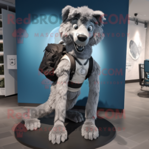 Silver Dog mascot costume character dressed with a Graphic Tee and Backpacks