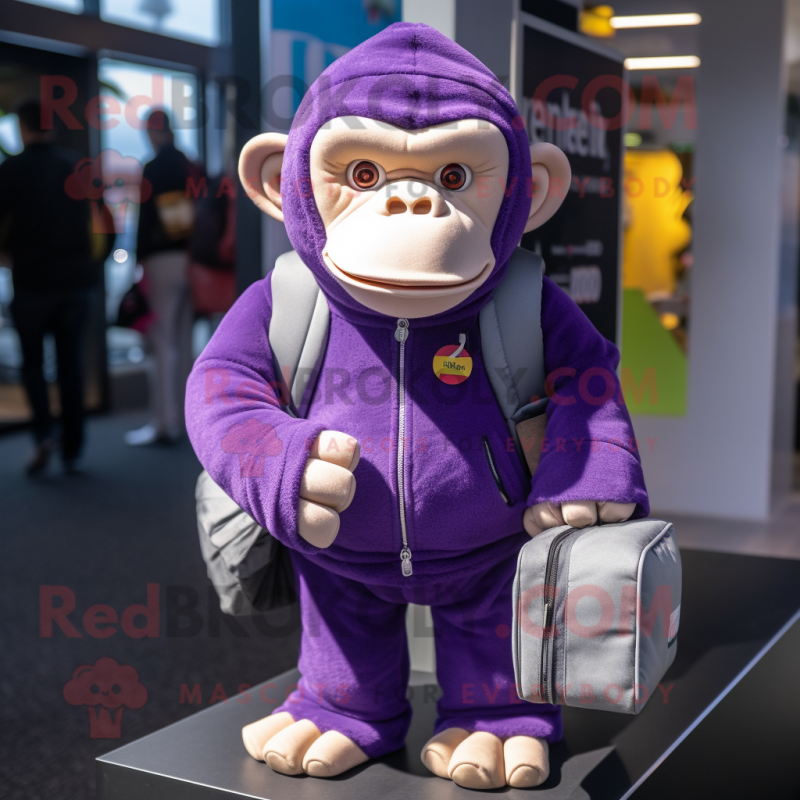 Purple Chimpanzee mascot costume character dressed with a Sweatshirt and Briefcases