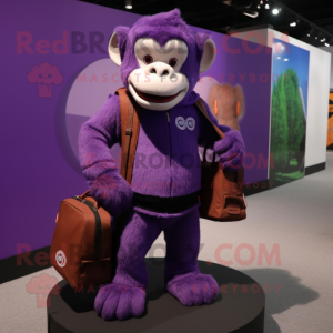 Purple Chimpanzee mascot costume character dressed with a Sweatshirt and Briefcases