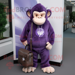 Purple Chimpanzee mascot costume character dressed with a Sweatshirt and Briefcases