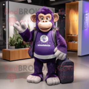 Purple Chimpanzee mascot costume character dressed with a Sweatshirt and Briefcases