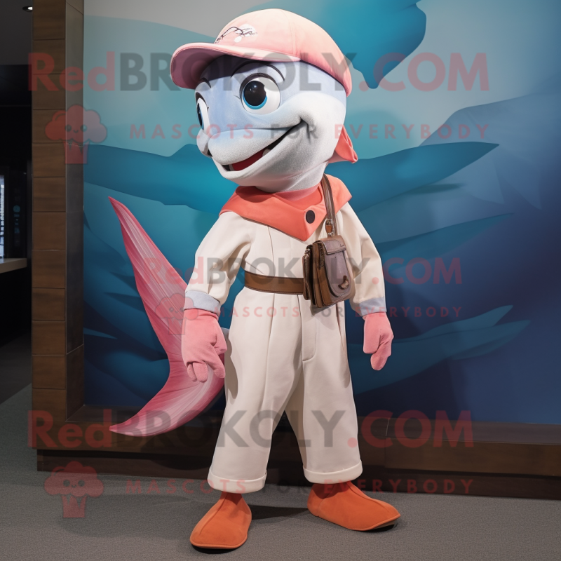 Peach Swordfish mascot costume character dressed with a Blouse and Belts Peach Swordfish mascot costume character dressed with a Blouse and Belts
