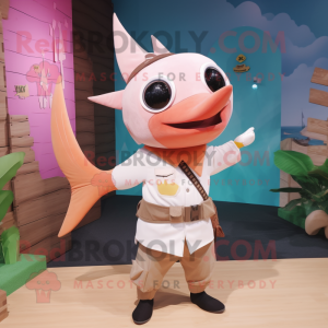 Peach Swordfish mascot costume character dressed with a Blouse and Belts