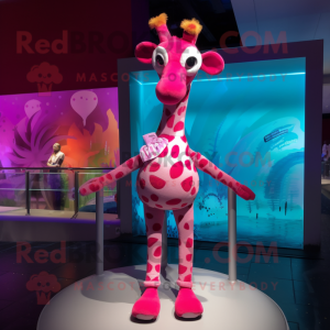 Magenta Giraffe mascot costume character dressed with a Swimwear and Shoe laces