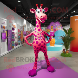 Magenta Giraffe mascot costume character dressed with a Swimwear and Shoe laces