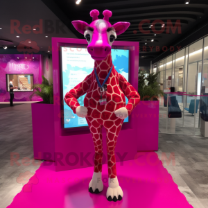 Magenta Giraffe mascot costume character dressed with a Swimwear and Shoe laces