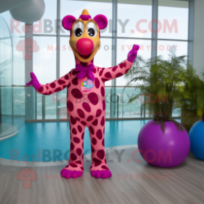 Magenta Giraffe mascot costume character dressed with a Swimwear and Shoe laces