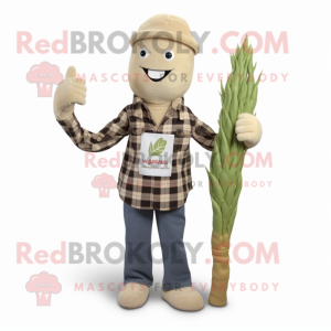 Beige Asparagus mascot costume character dressed with a Flannel Shirt and Bracelets