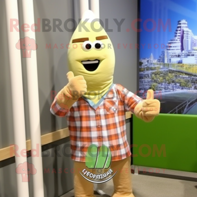 Beige Asparagus mascot costume character dressed with a Flannel Shirt and Bracelets