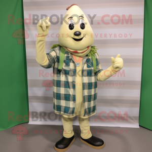 Beige Asparagus mascot costume character dressed with a Flannel Shirt and Bracelets