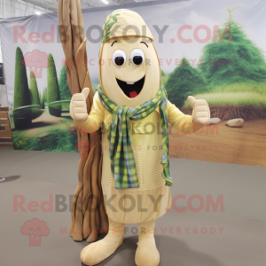 Beige Asparagus mascot costume character dressed with a Flannel Shirt and Bracelets