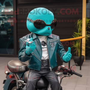 Teal Stingray mascot costume character dressed with a Biker Jacket and Pocket squares