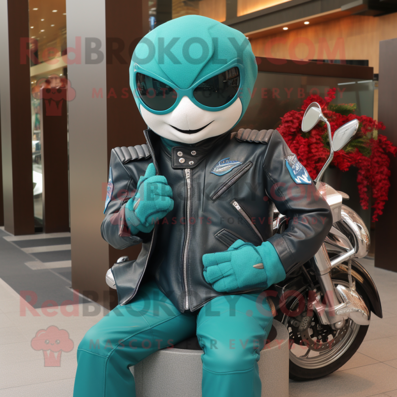 Teal Stingray mascot costume character dressed with a Biker Jacket and Pocket squares