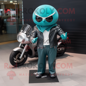 Teal Stingray mascot costume character dressed with a Biker Jacket and Pocket squares