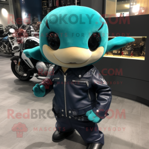 Teal Stingray mascot costume character dressed with a Biker Jacket and Pocket squares