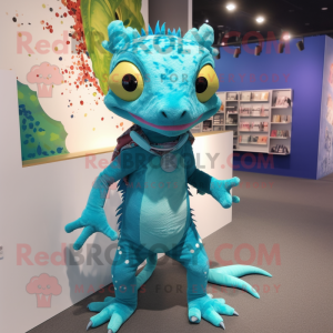 Turquoise Geckos mascot costume character dressed with a Romper and Hair clips