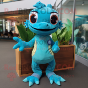 Turquoise Geckos mascot costume character dressed with a Romper and Hair clips