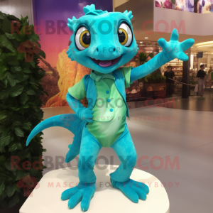 Turquoise Geckos mascot costume character dressed with a Romper and Hair clips