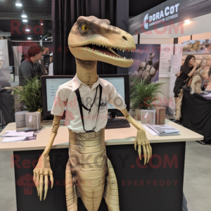 Beige Coelophysis mascot costume character dressed with a Graphic Tee and Hair clips
