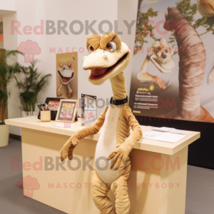 Beige Coelophysis mascot costume character dressed with a Graphic Tee and Hair clips