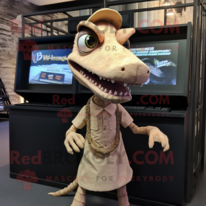 Beige Coelophysis mascot costume character dressed with a Graphic Tee and Hair clips