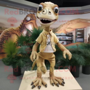 Beige Coelophysis mascot costume character dressed with a Graphic Tee and Hair clips