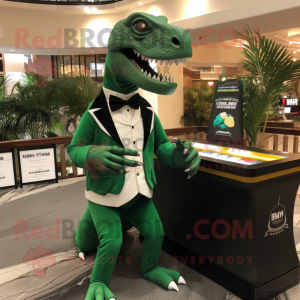 Forest Green Allosaurus mascot costume character dressed with a Tuxedo and Shawls