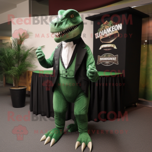 Forest Green Allosaurus mascot costume character dressed with a Tuxedo and Shawls