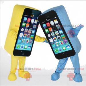 2 mascotes de smartphone, um amarelo e outro azul, traje GSM -