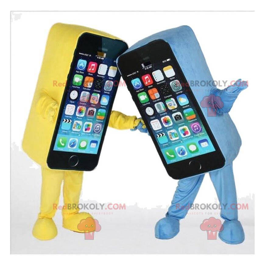 2 mascotes de smartphone, um amarelo e outro azul, traje GSM -