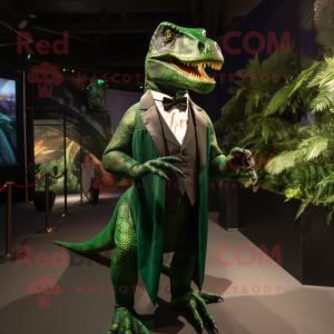 Forest Green Allosaurus mascot costume character dressed with a Tuxedo and Shawls