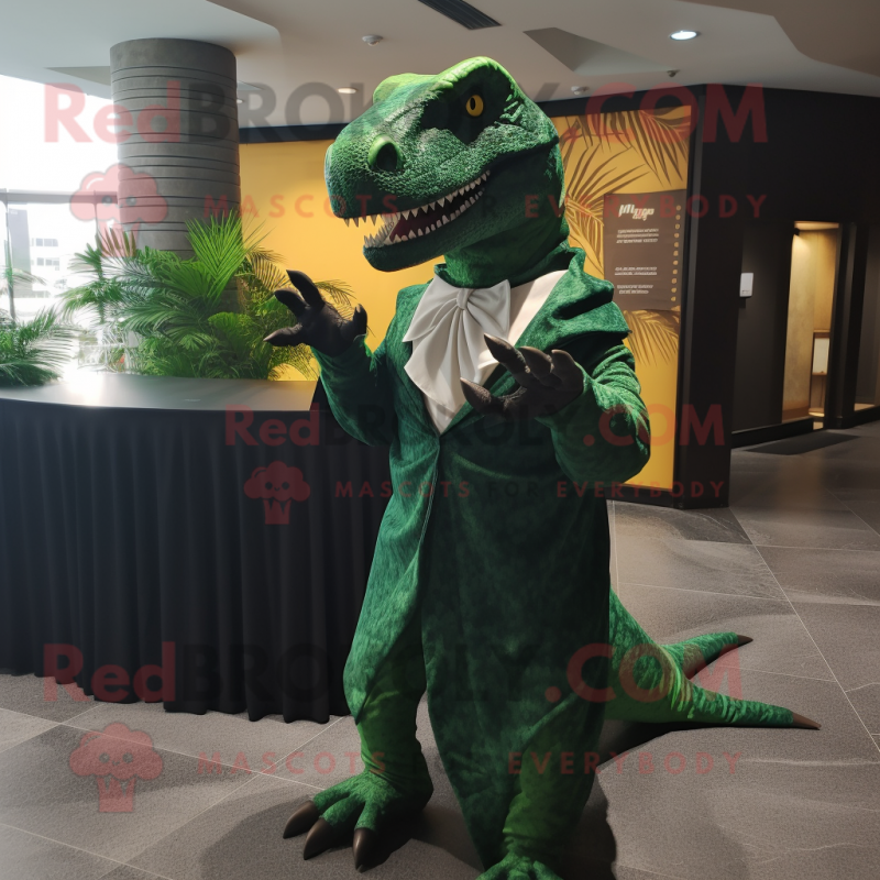 Forest Green Allosaurus mascot costume character dressed with a Tuxedo and Shawls