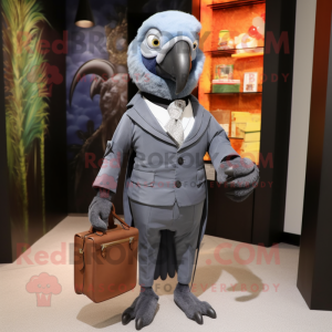 Gray Macaw mascot costume character dressed with a Suit and Clutch bags