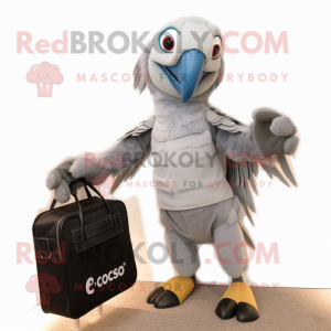 Gray Macaw mascot costume character dressed with a Suit and Clutch bags