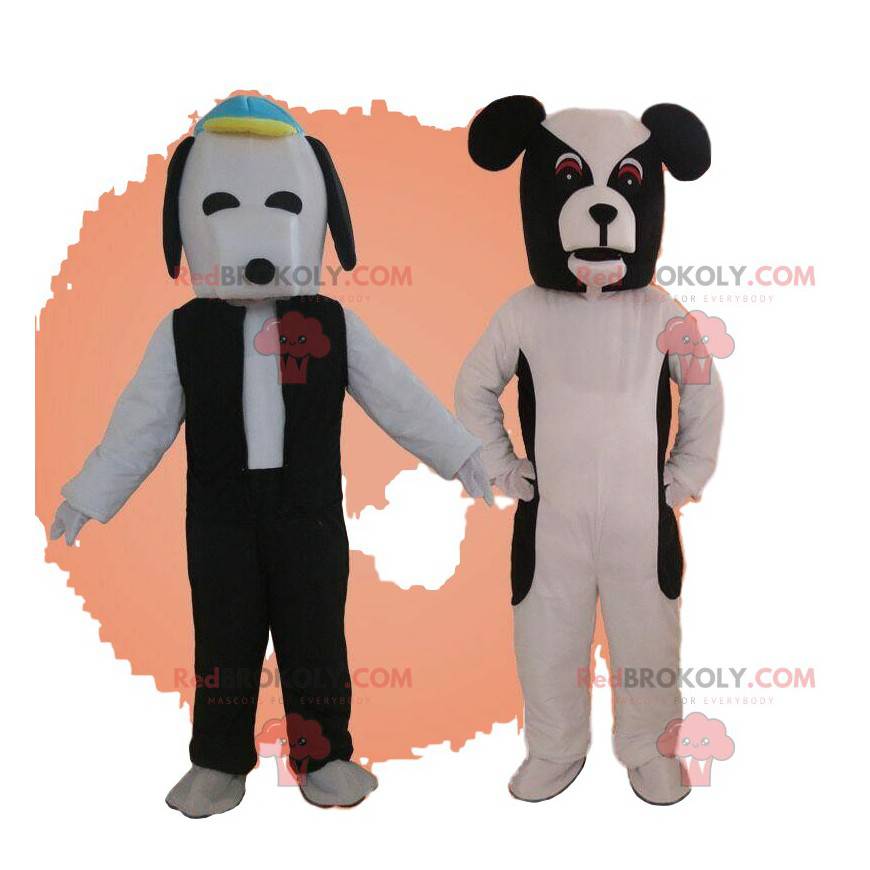 2 mascottes de chiens, costumes de chiens noirs et blancs -