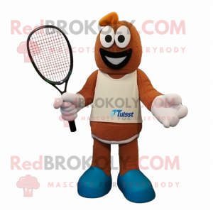 Rust Tennis Racket mascot costume character dressed with a Cardigan and Mittens