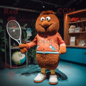 Rust Tennis Racket mascot costume character dressed with a Cardigan and Mittens