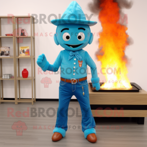 Cyan Fire Eater mascot costume character dressed with a Flare Jeans and Tie pins